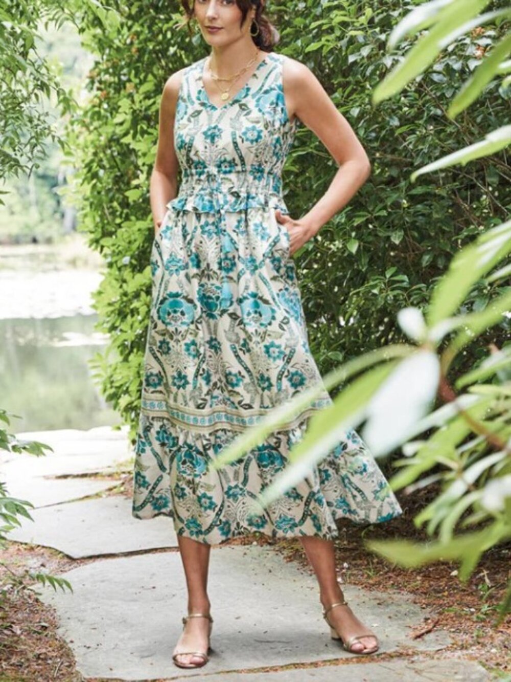 Spartina 449 Mystic Moss Stencil Blue Justine Midi Dress Small Boho Beachy
